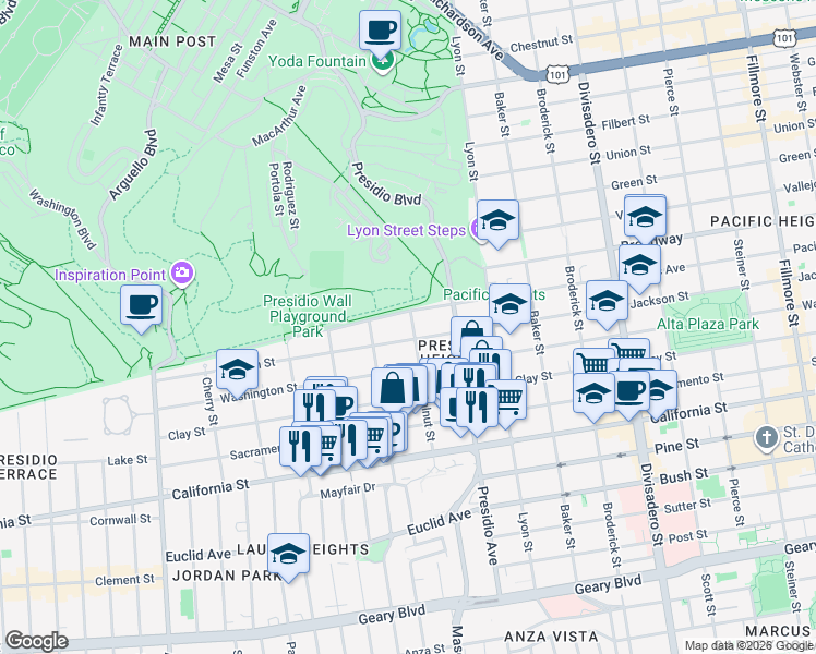 map of restaurants, bars, coffee shops, grocery stores, and more near 37 Walnut Street in San Francisco