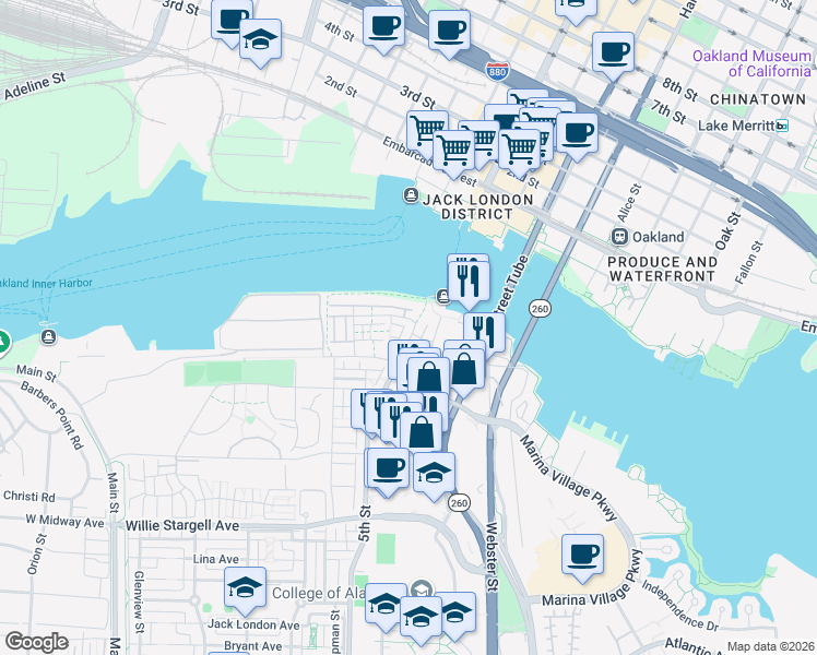 map of restaurants, bars, coffee shops, grocery stores, and more near 2878 5th Street in Alameda