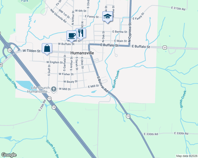 map of restaurants, bars, coffee shops, grocery stores, and more near 512 South Bolivar Road in Humansville
