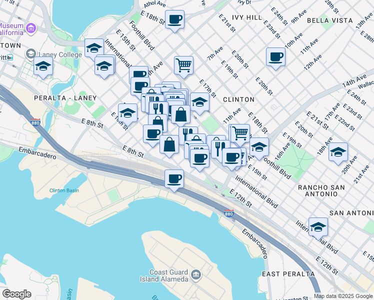 map of restaurants, bars, coffee shops, grocery stores, and more near 1040 E 12th St in Oakland