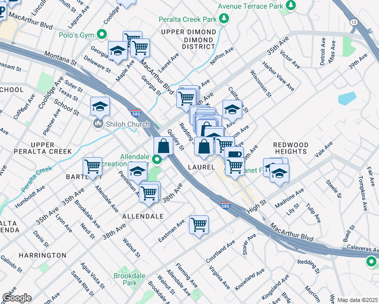map of restaurants, bars, coffee shops, grocery stores, and more near 3718 Quigley Street in Oakland