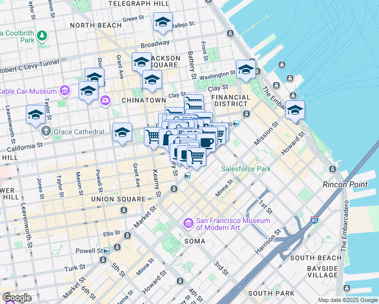map of restaurants, bars, coffee shops, grocery stores, and more near 180 Montgomery Street in San Francisco