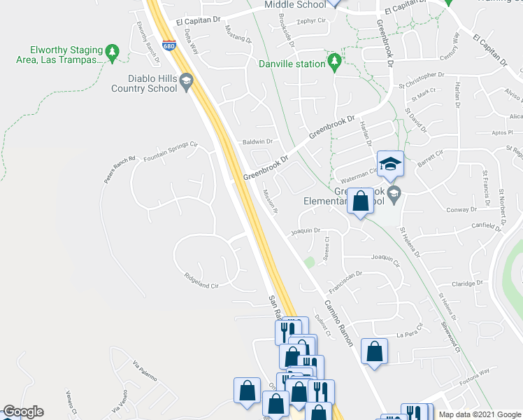map of restaurants, bars, coffee shops, grocery stores, and more near 1720 Camino Ramon in Danville