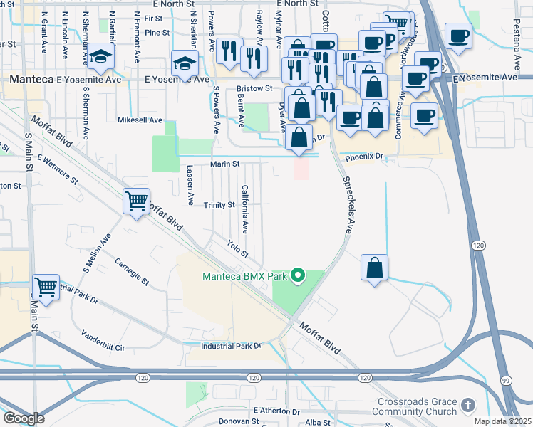 map of restaurants, bars, coffee shops, grocery stores, and more near 787 Spreckels Avenue in Manteca