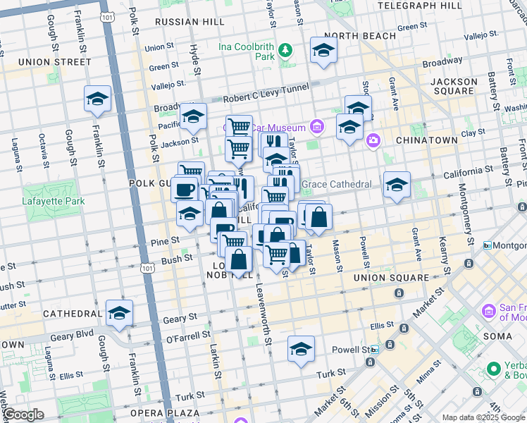 map of restaurants, bars, coffee shops, grocery stores, and more near 1255 California Street in San Francisco