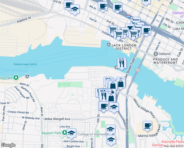 map of restaurants, bars, coffee shops, grocery stores, and more near 2853 Cathwood Ln in Alameda