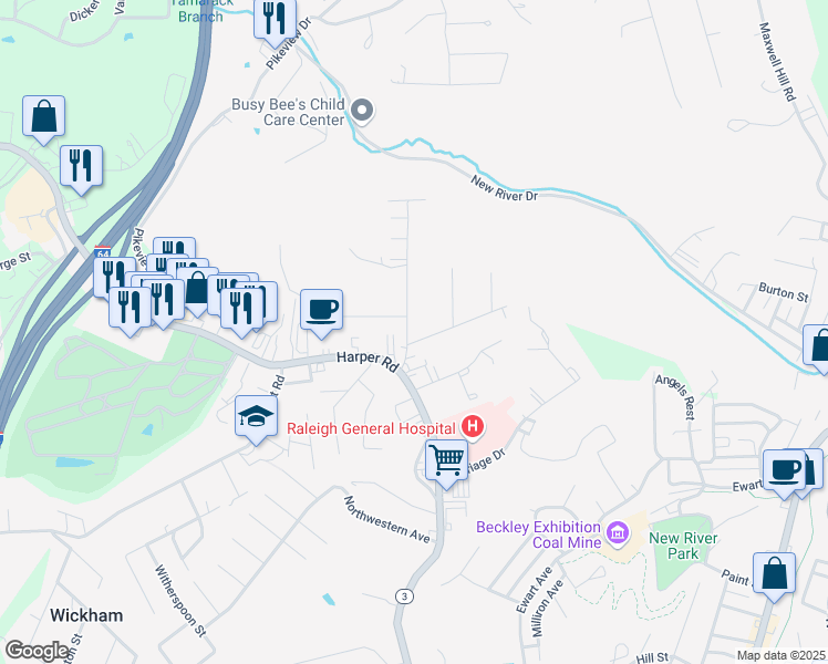 map of restaurants, bars, coffee shops, grocery stores, and more near 206 Sunset Drive in Beckley