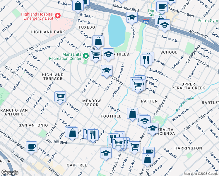 map of restaurants, bars, coffee shops, grocery stores, and more near 2622 25th Avenue in Oakland