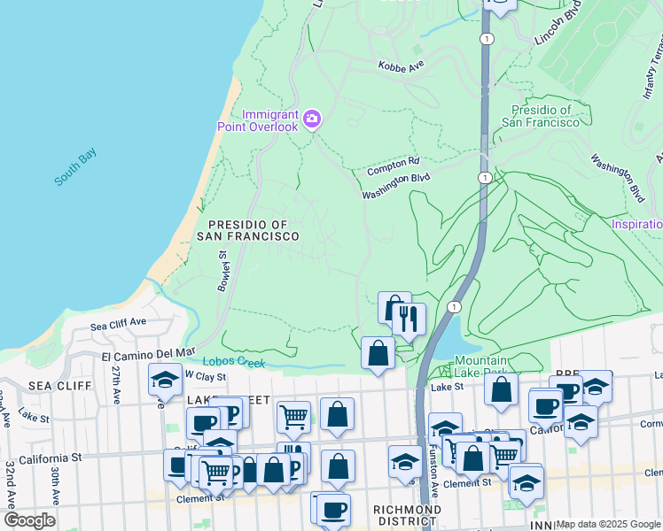 map of restaurants, bars, coffee shops, grocery stores, and more near 1541 Pershing Drive in San Francisco