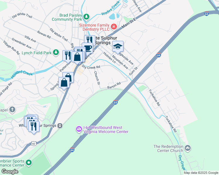 map of restaurants, bars, coffee shops, grocery stores, and more near 26 Barton Rd in White Sulphur Springs