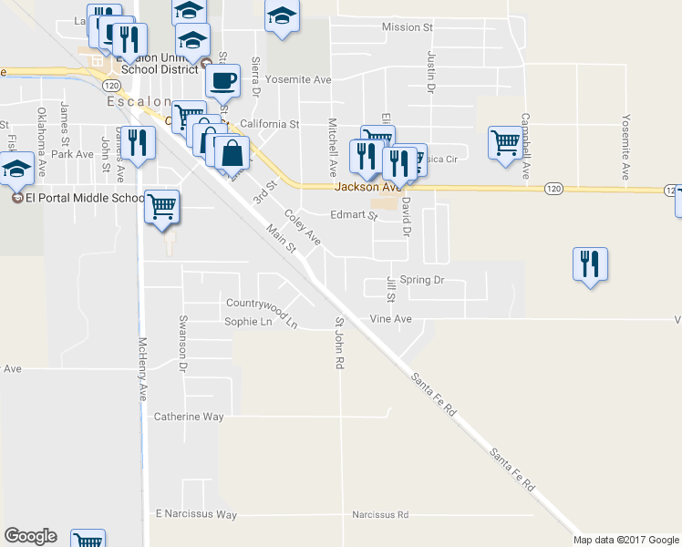 map of restaurants, bars, coffee shops, grocery stores, and more near 2233 Strong Avenue in Escalon