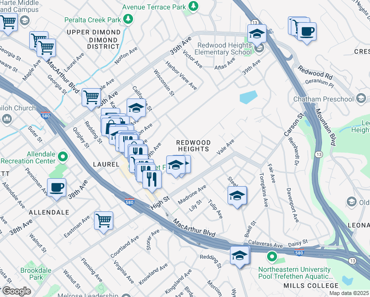 map of restaurants, bars, coffee shops, grocery stores, and more near 3833 Maybelle Avenue in Oakland