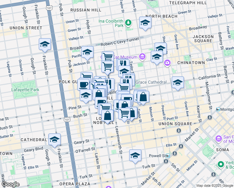 map of restaurants, bars, coffee shops, grocery stores, and more near 1255 California Street in San Francisco