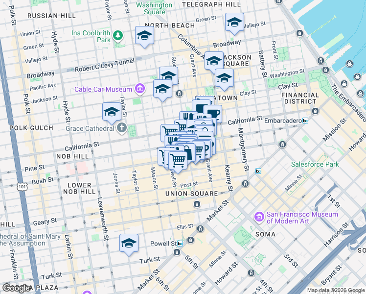 map of restaurants, bars, coffee shops, grocery stores, and more near 701 Pine Street in San Francisco