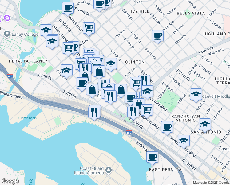 map of restaurants, bars, coffee shops, grocery stores, and more near 1132 International Boulevard in Oakland