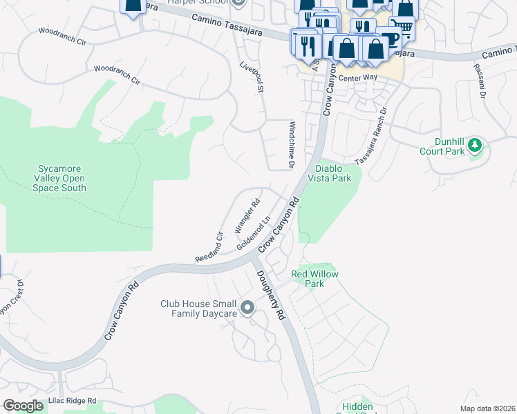 map of restaurants, bars, coffee shops, grocery stores, and more near 3061 Wrangler Road in San Ramon