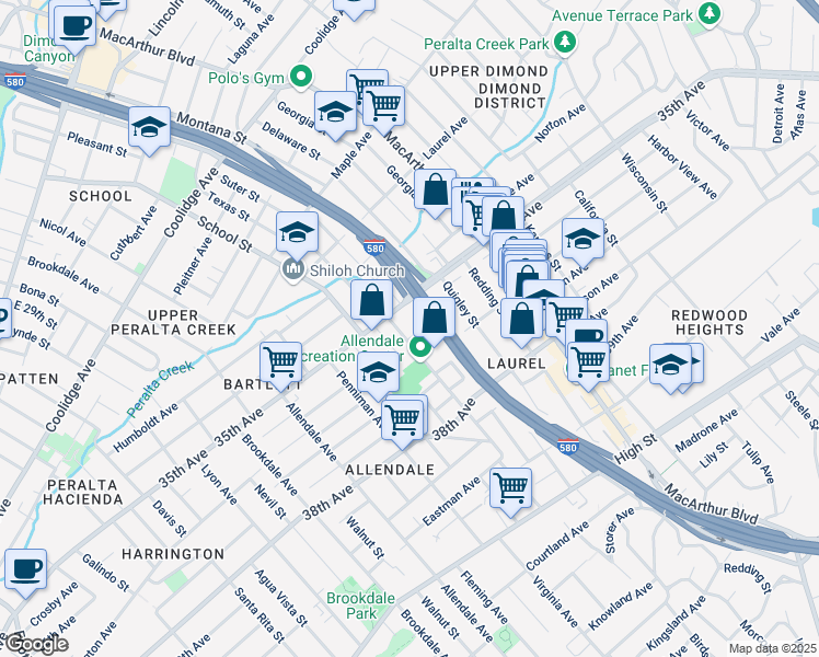 map of restaurants, bars, coffee shops, grocery stores, and more near 3311 Octavia Street in Oakland