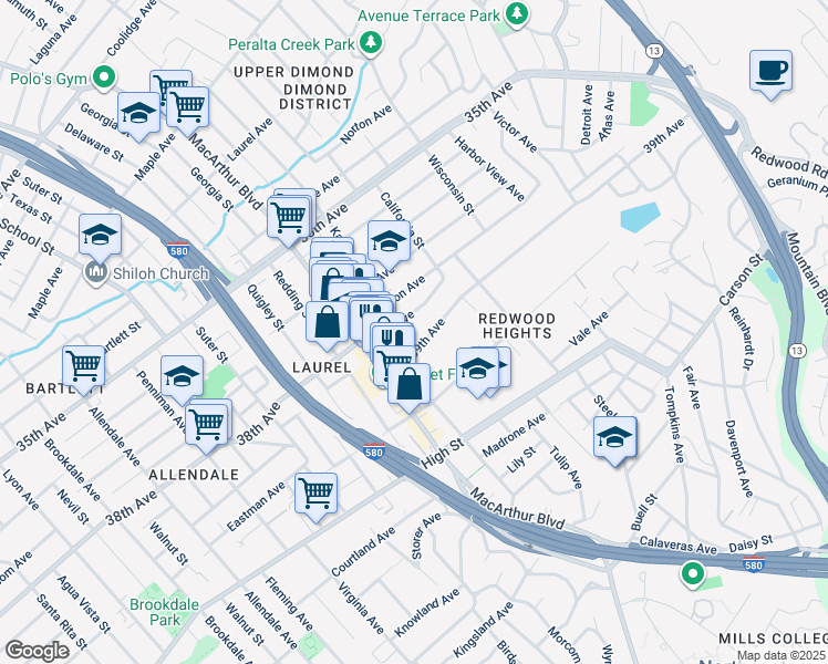 map of restaurants, bars, coffee shops, grocery stores, and more near 4016 Kansas Street in Oakland