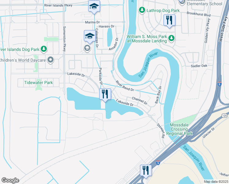 map of restaurants, bars, coffee shops, grocery stores, and more near 855 Lakeside Drive in Lathrop