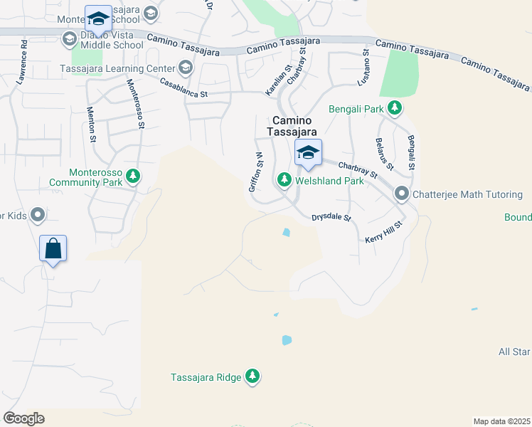 map of restaurants, bars, coffee shops, grocery stores, and more near 6116 Massara Street in Danville