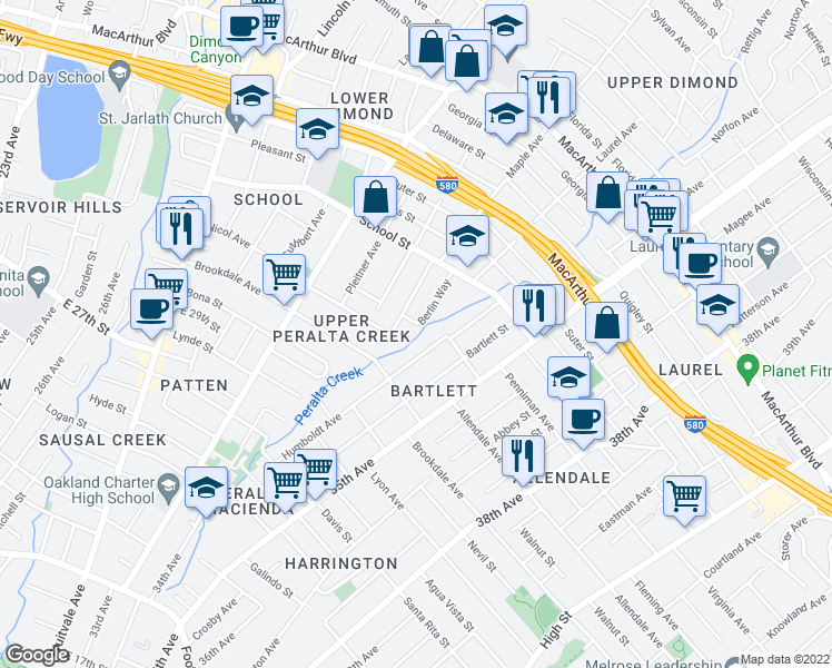 map of restaurants, bars, coffee shops, grocery stores, and more near 3030 Berlin Way in Oakland