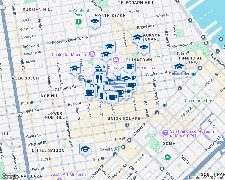 map of restaurants, bars, coffee shops, grocery stores, and more near 775 Pine Street in San Francisco