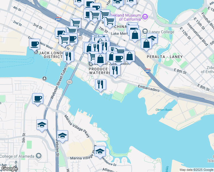 map of restaurants, bars, coffee shops, grocery stores, and more near 11 Embarcadero Cove in Oakland