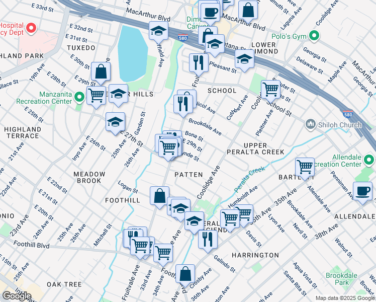 map of restaurants, bars, coffee shops, grocery stores, and more near 3040 Lynde Street in Oakland