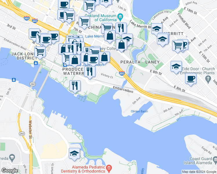 map of restaurants, bars, coffee shops, grocery stores, and more near 5 Embarcadero in Oakland