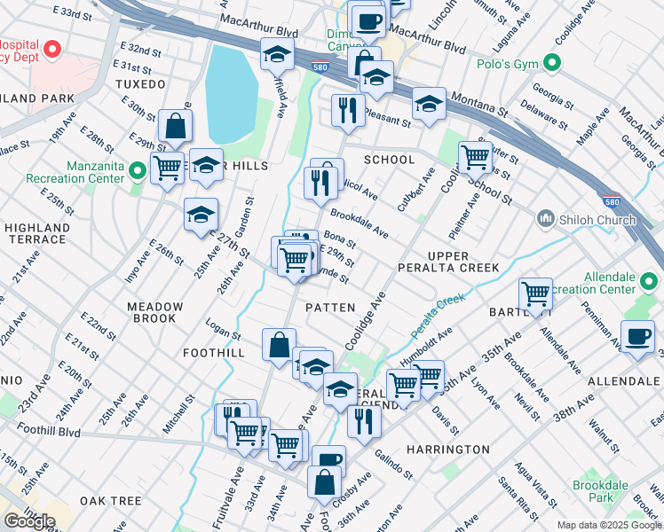 map of restaurants, bars, coffee shops, grocery stores, and more near 3050 Lynde Street in Oakland
