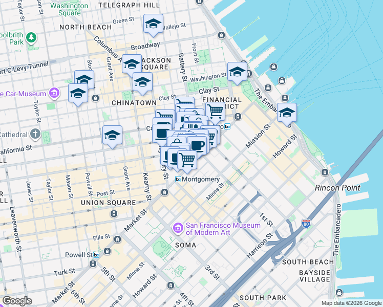 map of restaurants, bars, coffee shops, grocery stores, and more near 1 Bush Street in San Francisco