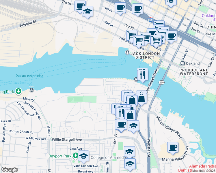 map of restaurants, bars, coffee shops, grocery stores, and more near 2853 Cathwood Ln in Alameda