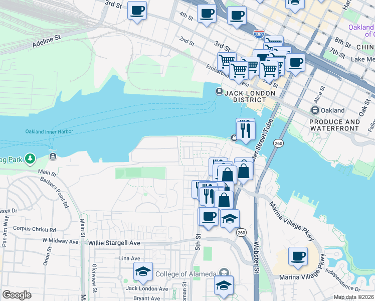 map of restaurants, bars, coffee shops, grocery stores, and more near 2870 Derbyline Ln in Alameda