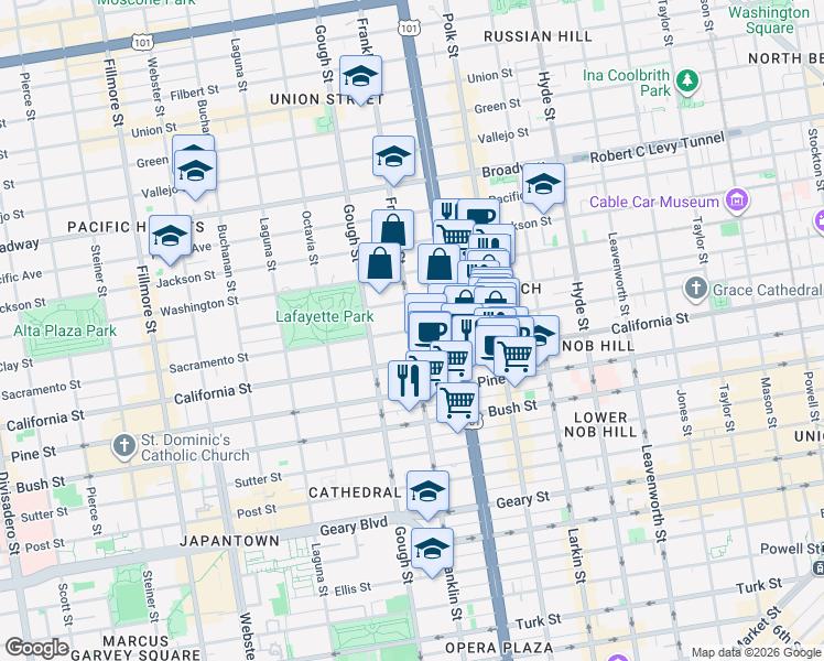 map of restaurants, bars, coffee shops, grocery stores, and more near Franklin St & Sacramento St in San Francisco