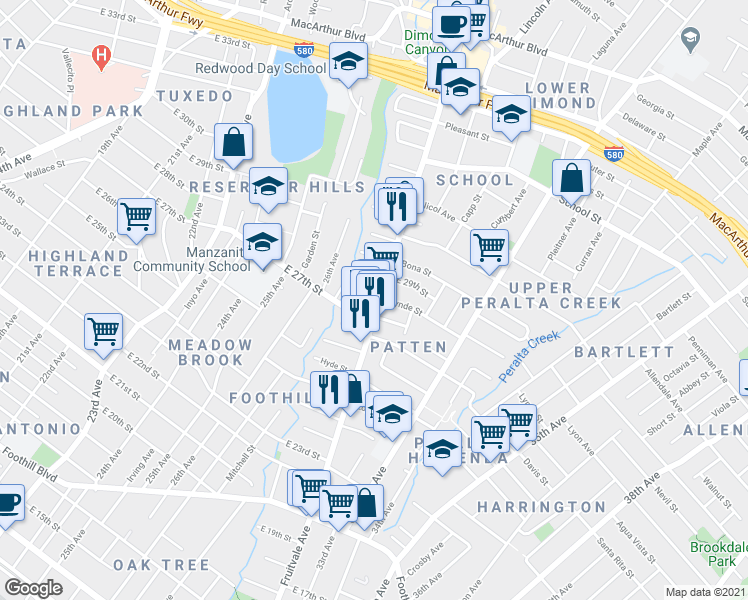 map of restaurants, bars, coffee shops, grocery stores, and more near 2727 Fruitvale Avenue in Oakland