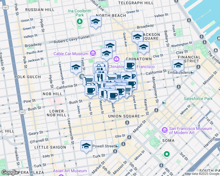 map of restaurants, bars, coffee shops, grocery stores, and more near in San Francisco