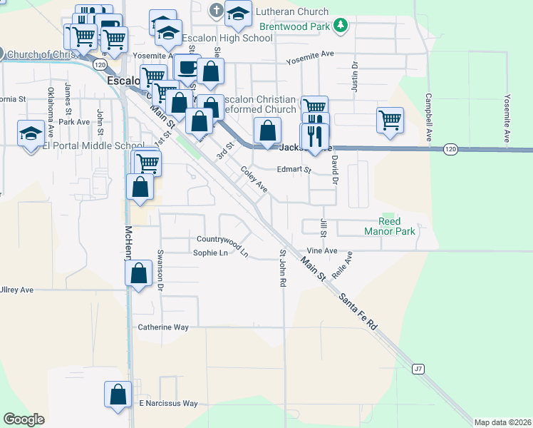 map of restaurants, bars, coffee shops, grocery stores, and more near 2146 Main Street in Escalon
