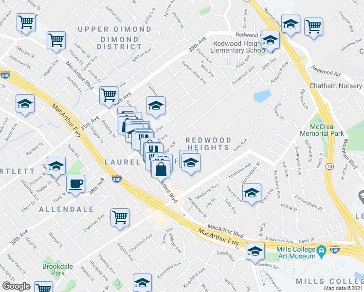map of restaurants, bars, coffee shops, grocery stores, and more near 3764 39th Avenue in Oakland