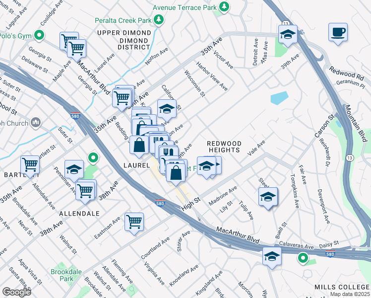 map of restaurants, bars, coffee shops, grocery stores, and more near 3764 39th Avenue in Oakland