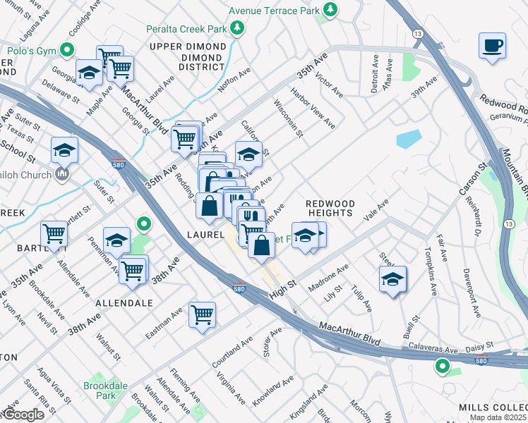 map of restaurants, bars, coffee shops, grocery stores, and more near 4016 Kansas Street in Oakland