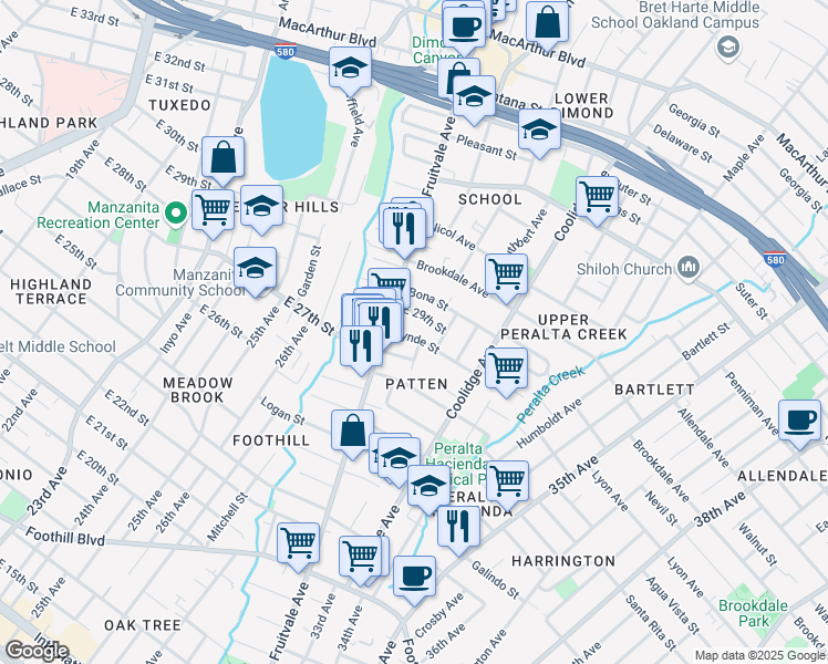 map of restaurants, bars, coffee shops, grocery stores, and more near 3050 Lynde Street in Oakland