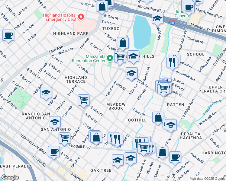 map of restaurants, bars, coffee shops, grocery stores, and more near 2449 Grande Vista Avenue in Oakland