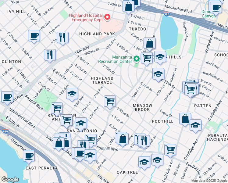 map of restaurants, bars, coffee shops, grocery stores, and more near 2201 East 24th Street in Oakland