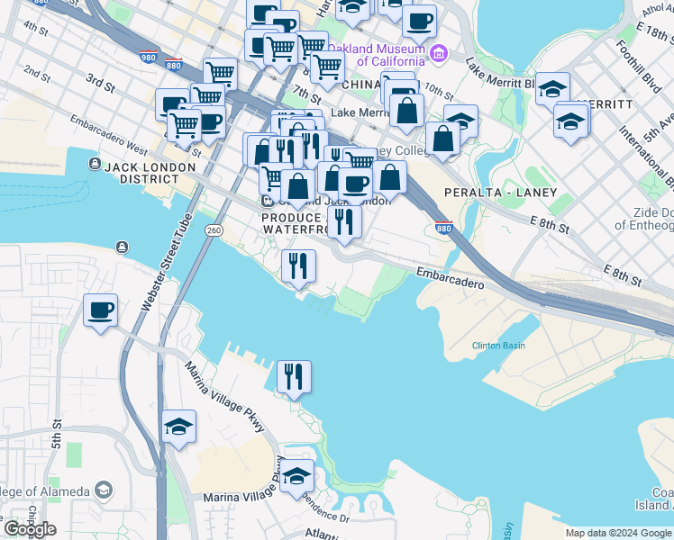 map of restaurants, bars, coffee shops, grocery stores, and more near 3 Embarcadero West in Oakland