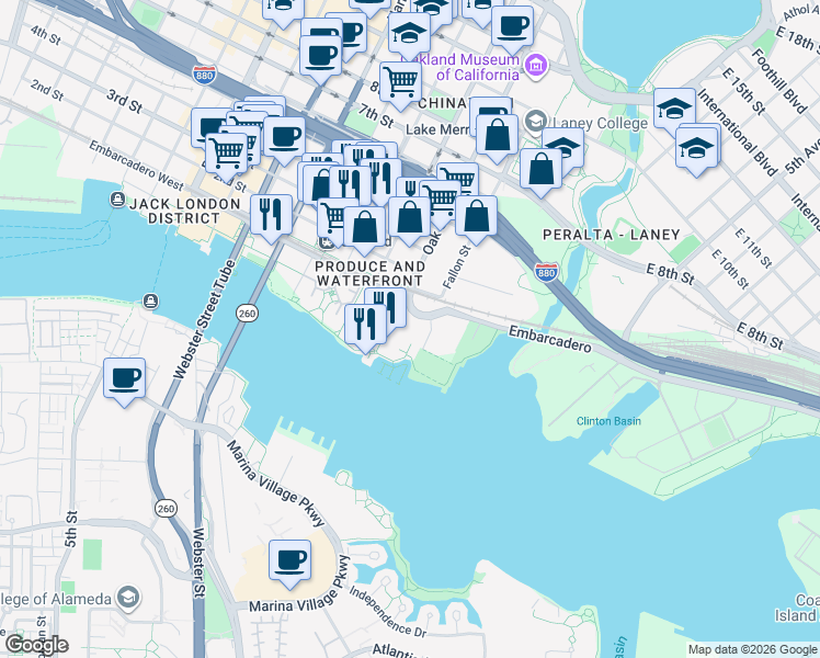 map of restaurants, bars, coffee shops, grocery stores, and more near 3 Embarcadero West in Oakland