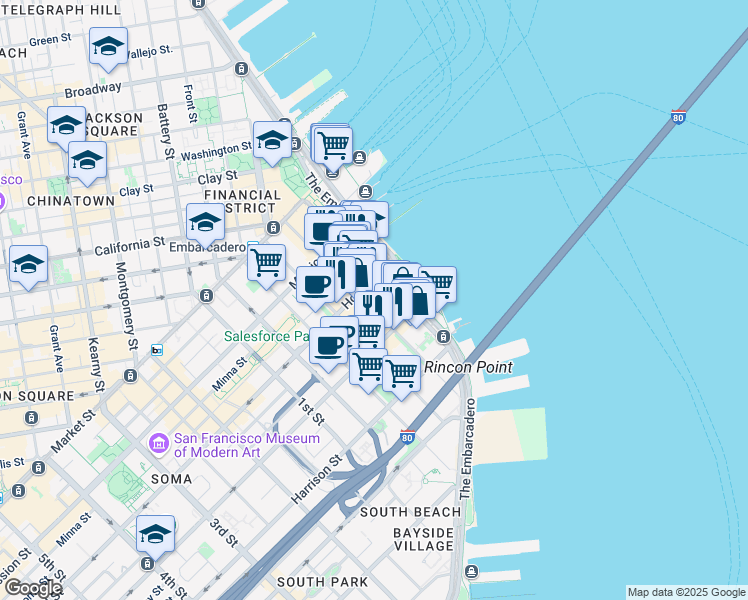 map of restaurants, bars, coffee shops, grocery stores, and more near 221 Main Street in San Francisco