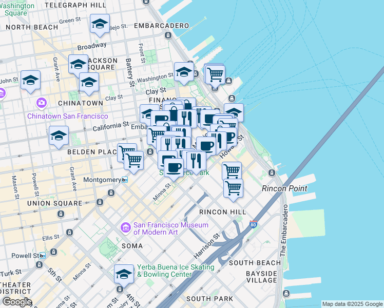 map of restaurants, bars, coffee shops, grocery stores, and more near 201 Mission Street in San Francisco