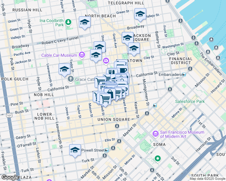 map of restaurants, bars, coffee shops, grocery stores, and more near 701 Pine Street in San Francisco