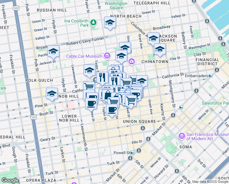 map of restaurants, bars, coffee shops, grocery stores, and more near 817 Mason Street in San Francisco