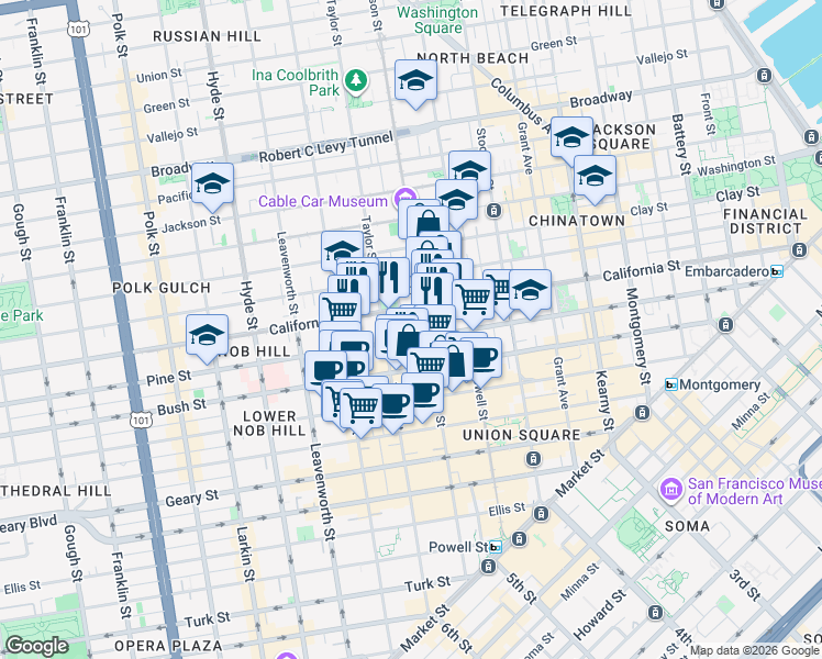map of restaurants, bars, coffee shops, grocery stores, and more near in San Francisco